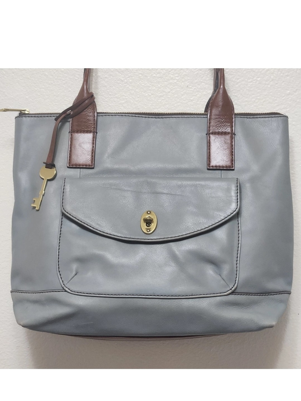 💐Vintage Fossil Classic Leather Shopper Tote Bag Cowhide Keylock Gray Brown Y2K